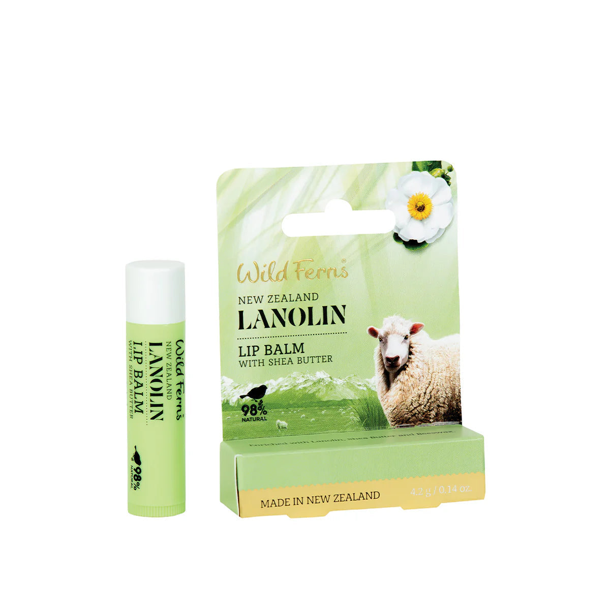 Wild Fern Lanolin Lip balm and packaging with 'Wild Teens' branding on a white background