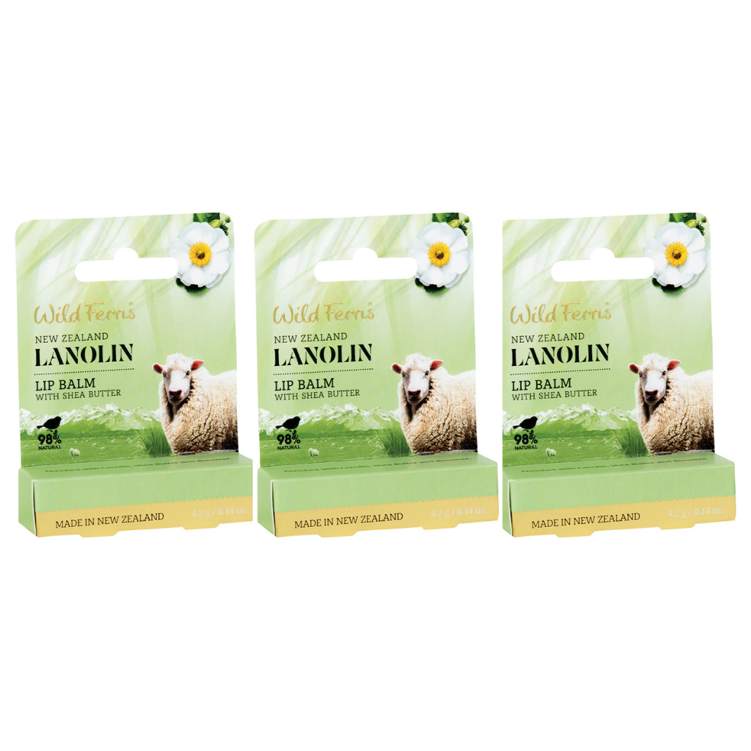 Three packages of Wild Ferns New Zealand Lanolin Lip Balm on a white background