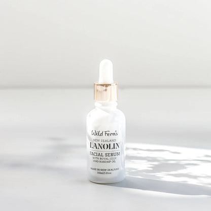 Bottle of Wild Ferns Lanolin Facial Serum on a white background