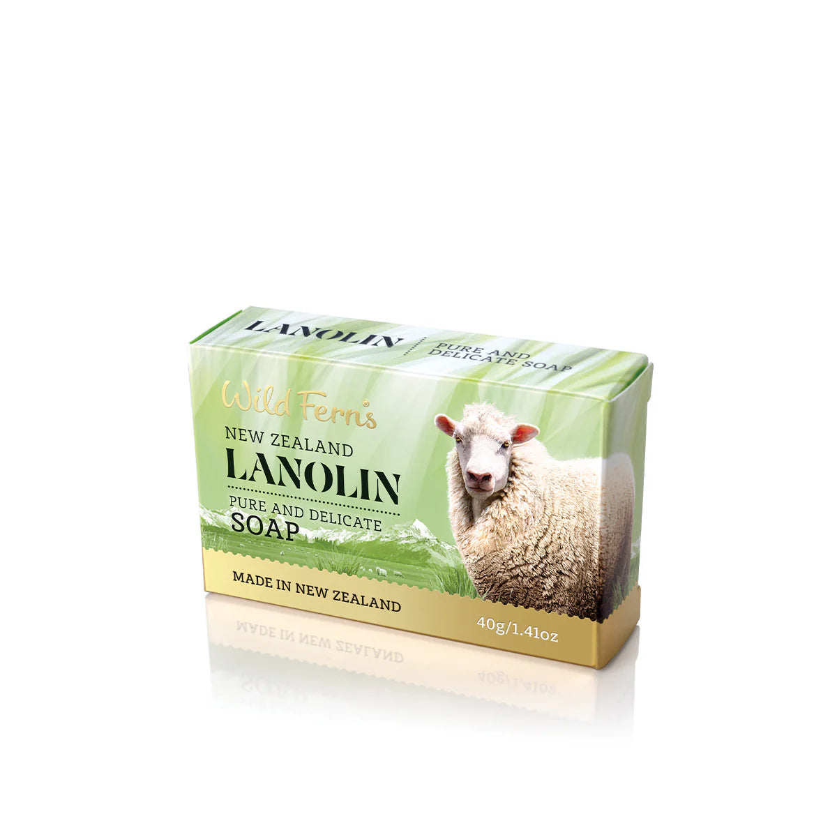 Bar of Wild Ferns Lanolin soap with a green label featuring a sheep, on a white background