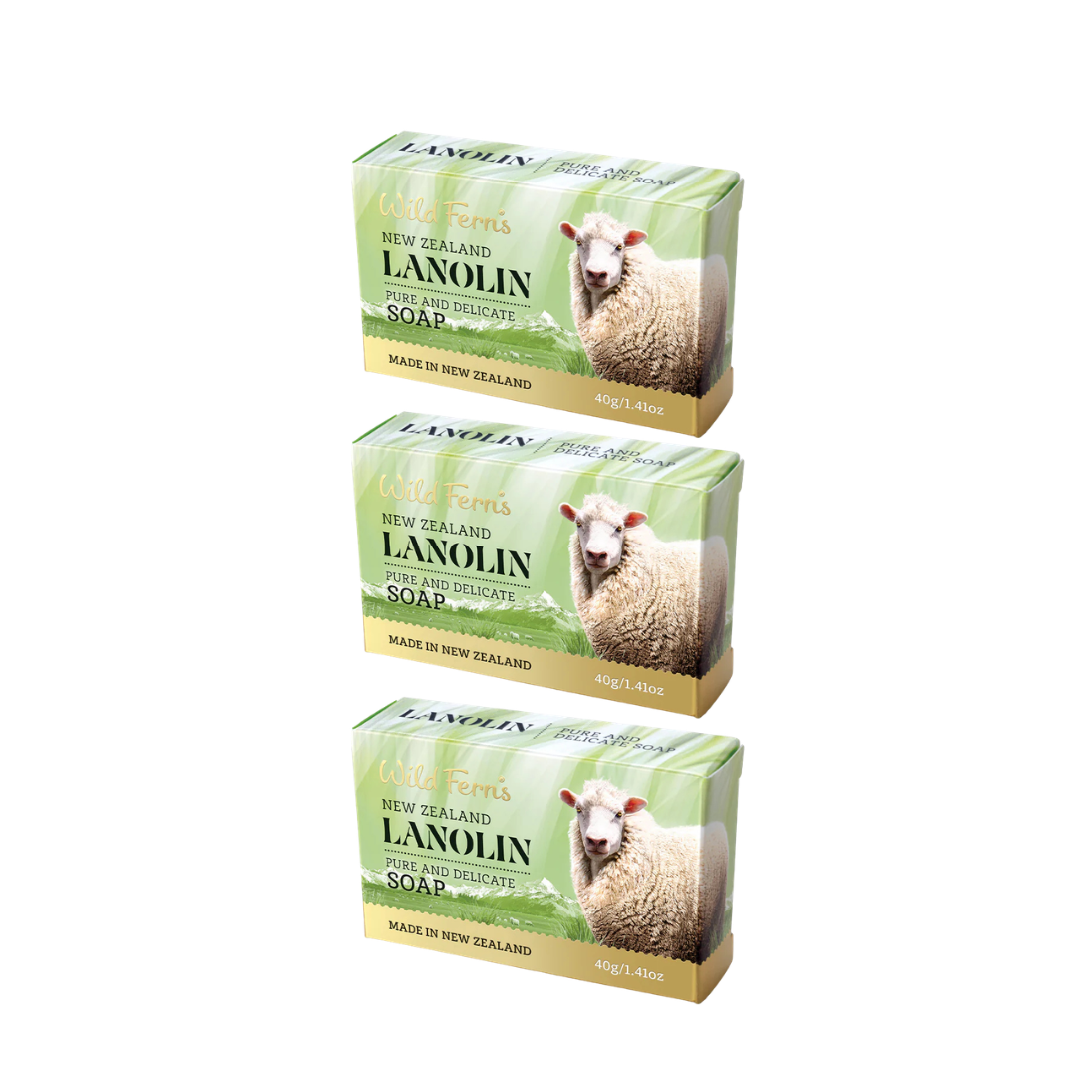 Three bars of New Zealand Wild Fern's  Lanolin soap with packaging on a white background