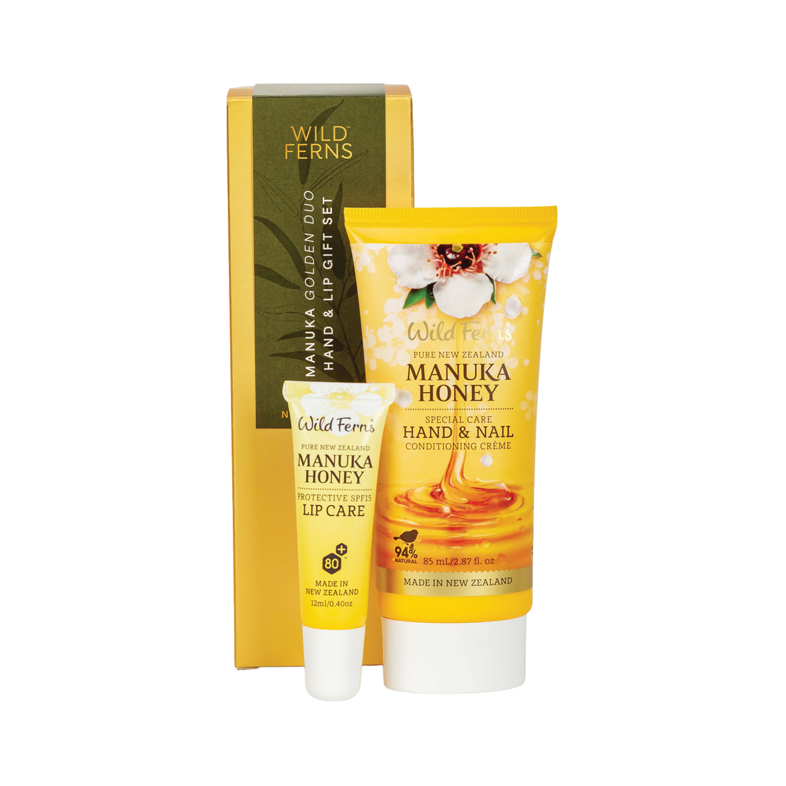 Wild Ferns Manuka Honey skincare products on a white background