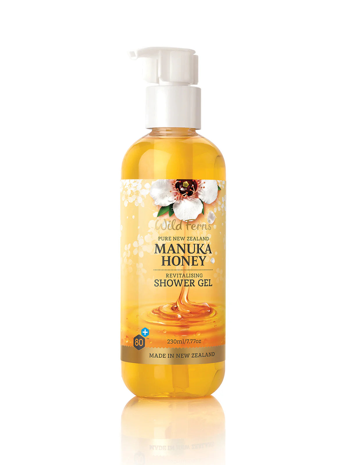 Bottle of Manuka Honey shower gel with pump on a white background