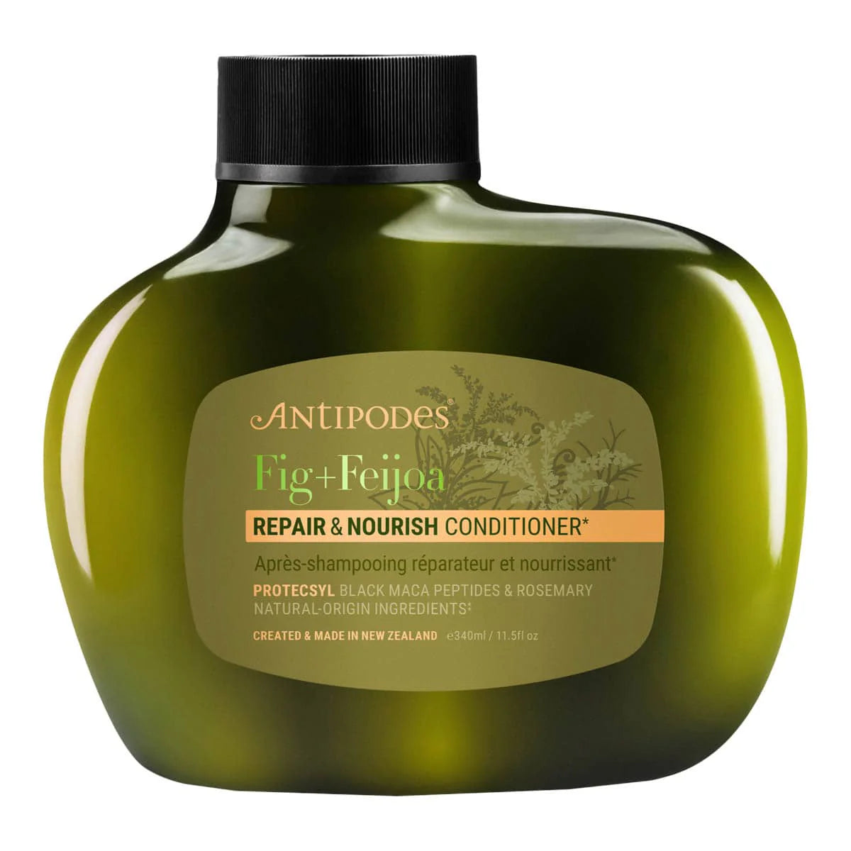 Antipodes Fig Feijoa repair and nourish conditioner. Green conditioner bottle with label on a white background