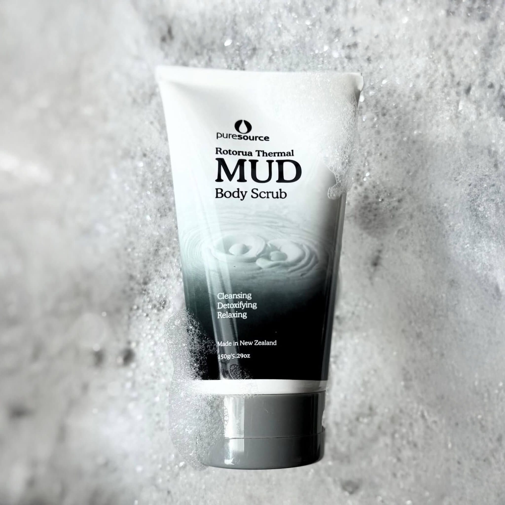 Tube of puresource Rotorua Thermal Mud Body Scrub on a textured gray background