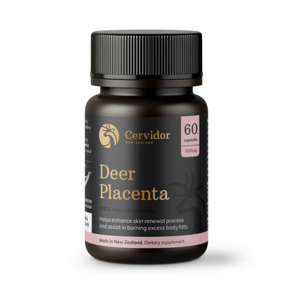 A bottle of Cervidor Deer Placenta 7,000mg 60 Capsules with white background