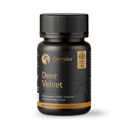 A bottle of Cervidor Deer Velvet 1,000mg 60 Capsules with white background