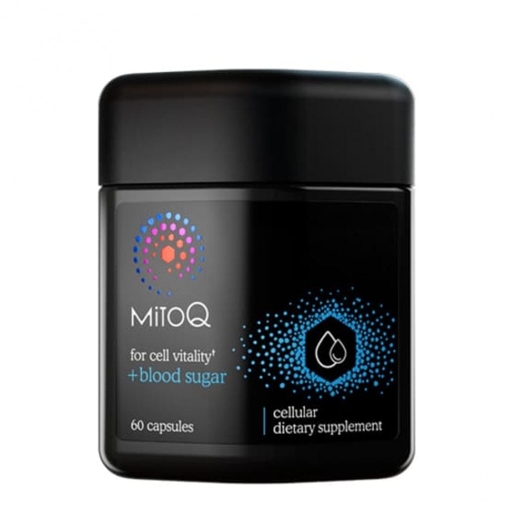 A black container of MItoQ Blood Sugar dietary supplement with a label showing the brand name, product name, and additional information about the product being for cellular dietary support.